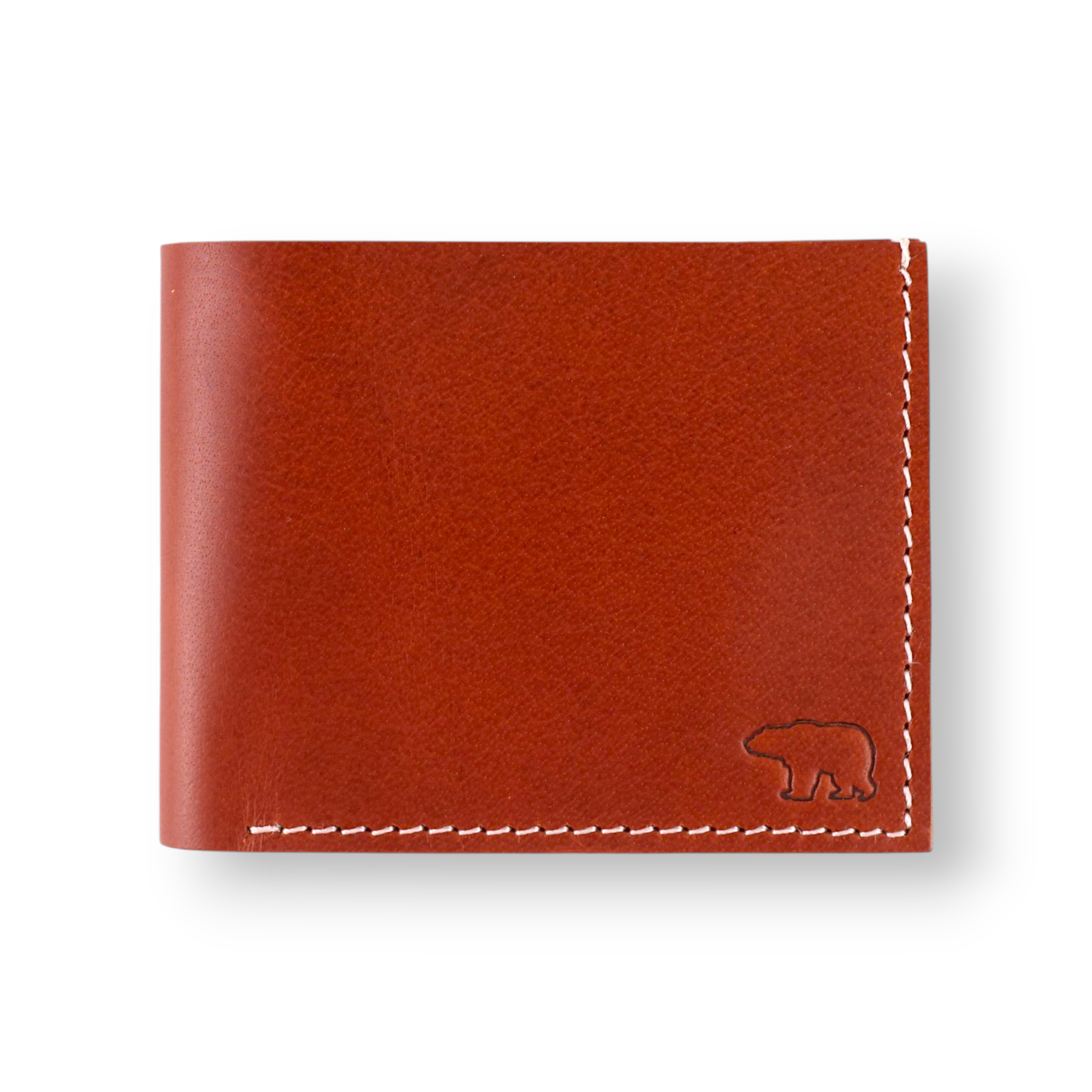 Brown leather wallet with stitched edges on white background